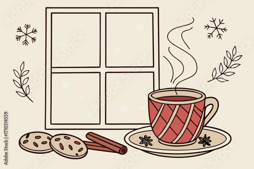 Cozy winter scene with hot beverage and cookies by the window