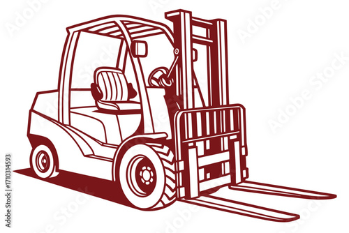 Red outline illustration of a forklift truck on a white background