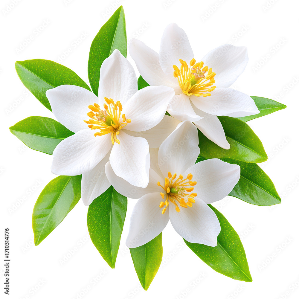 Fototapeta premium Beautiful White Flowers with Green Leaves on Isolated Background