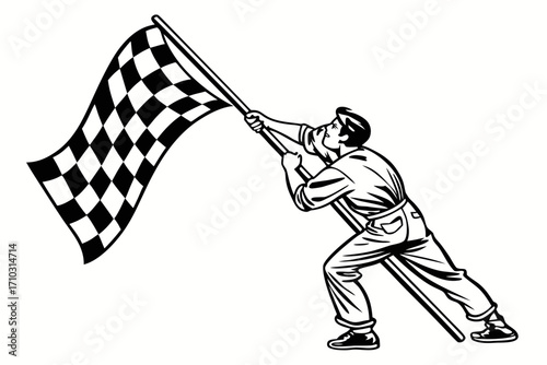 Man holding a checkered flag at a finish line