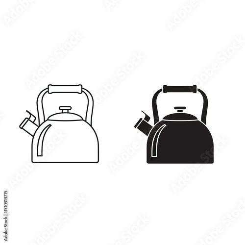 Black and white outline and solid icons of a stovetop kettle, a kitchen appliance for boiling water.