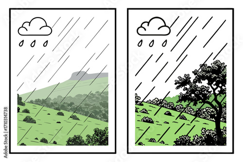 Two contrasting scenes of rain falling on a green landscape with hills and trees