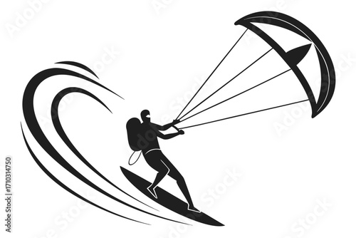 Silhouette of a kitesurfer riding a wave with a kite