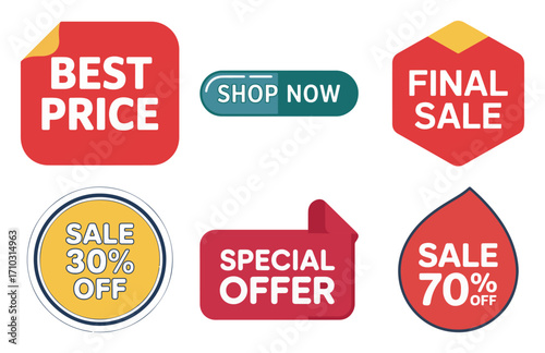 Best price and final sale badge pack with sticker, tag, hexagon, droplet and round label elements for retail promo, vector
