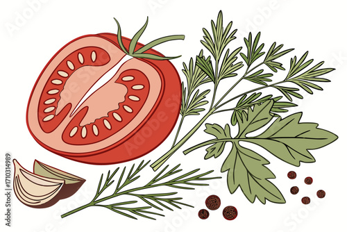 Fresh ingredients tomato garlic herbs and peppercorns