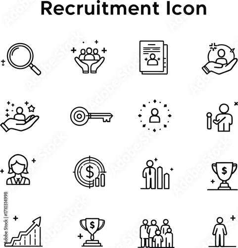 Recruitment Icon Set – Black Silhouettes of Hiring, Team Building, Talent, Growth, and Recognition