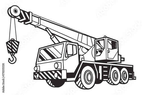 Black and white illustration of a mobile construction crane with a hook