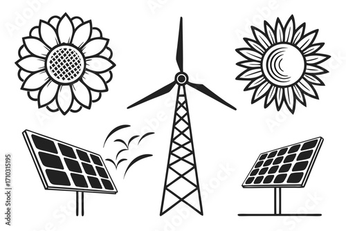Renewable energy sources including solar panels wind turbine and sunflowers