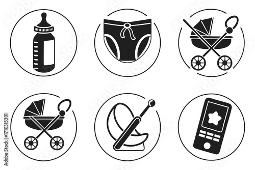 Collection of baby care icons in circles including a bottle diaper stroller and baby monitor