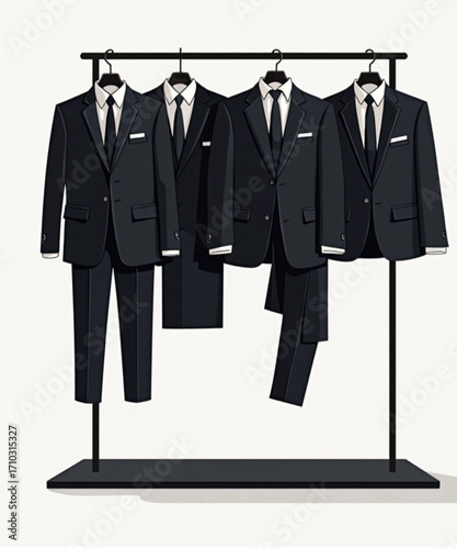 Sophisticated Suits on Display: A sleek rack showcases an array of elegant suits, each meticulously crafted, poised to define a sense of professional polish.