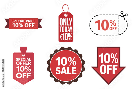 Ten percent sale and special offer badge set with ribbon, tag, dashed coupon, round seal and arrow icons for marketing, vector
