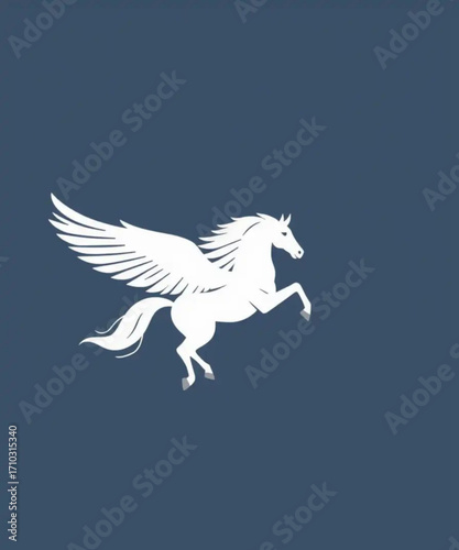 Pegasus Rising: A majestic white Pegasus, the legendary winged horse, soars gracefully against a deep blue backdrop. Capturing a mythic, ethereal quality, it's perfect for conveying dreams, freedom.