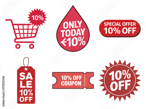 Ten percent discount label collection with cart icon, coupon ticket, tag, starburst and droplet shapes for retail store, vector
