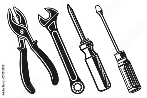 Collection of hand tools including pliers wrench and screwdrivers