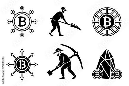 Bitcoin mining and cryptocurrency icons set