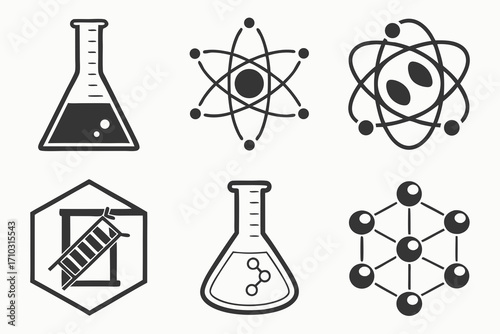 Collection of science and chemistry icons including flasks atoms and molecular structures