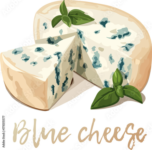 Slice of blue cheese with basil leaves vector icon isolated on white background. A wedge of blue cheese with green leaves around it cartoon illustration. The cheese has veins of blue mold