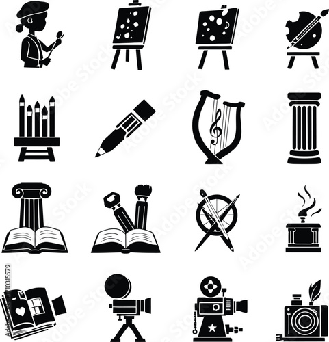 Art & Culture Icon Set – Black Silhouettes of Artists, Books, Cameras, Music, Film, and Expression