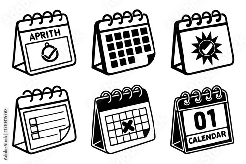Collection of six desk calendar icons with different markings and designs