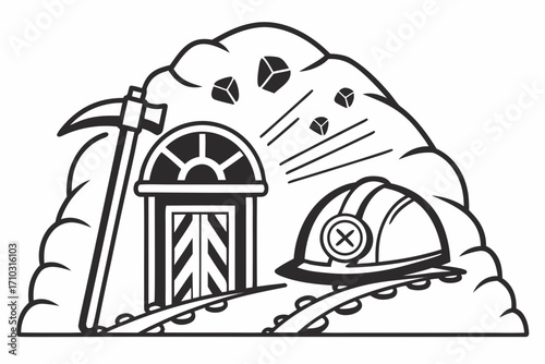 Miner s helmet and pickaxe at mine entrance with falling rocks