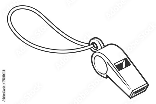 Black and white illustration of a sports whistle with a lanyard