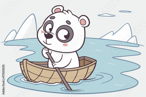 Cute cartoon panda rowing a boat on a lake with icebergs