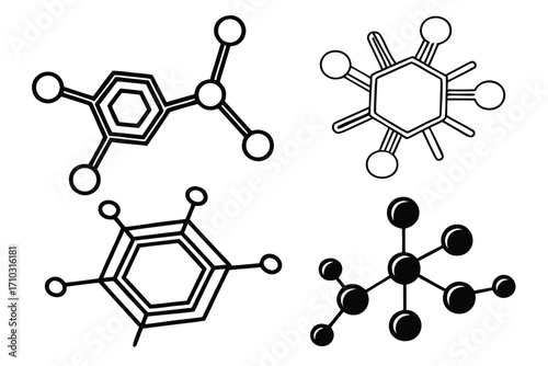 Collection of stylized molecular structures and chemical formulas