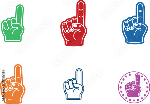 Foam finger number one hand icon set in colorful outline style for sport fan sign, sticker and badge design, vector