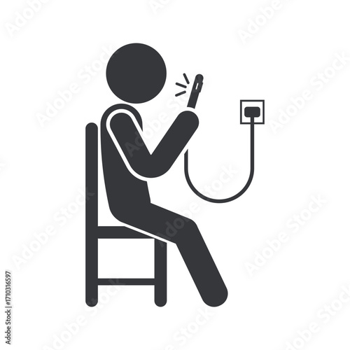 Isolated pictogram showing person using mobile phone while charging, symbol of bad habit, possible health risk and gadget damage warning.