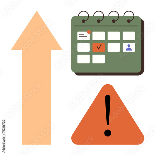 Green calendar with marked dates, orange upward arrow symbolizing progress, and warning sign highlighting alerts. Ideal for scheduling, productivity, goals, organization, reminders, deadlines simple