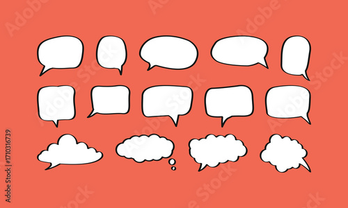 A set of fifteen diverse hand-drawn speech and thought bubbles with a bold, black outline on a vibrant coral background. Includes different shapes like clouds, ovals, and squares