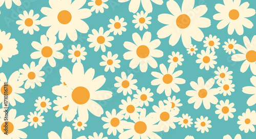 A whimsical collection of diverse sized daisies scattered across a vibrant blue backdrop.