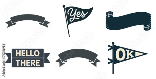 Retro ribbon banner and pennant flag set with hello there and yes text for headline, tag and label design, vector