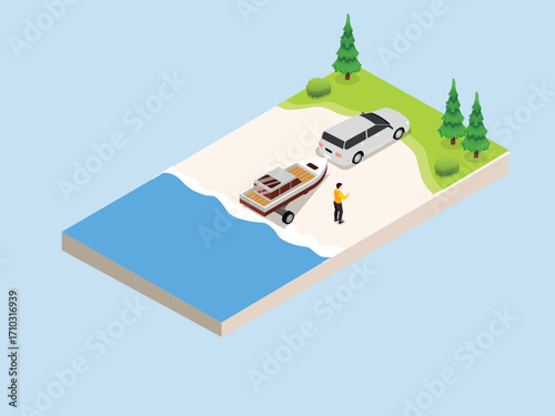 Man Preparing to Launch a Boat from a Trailer on a Beach 3d vector illustration