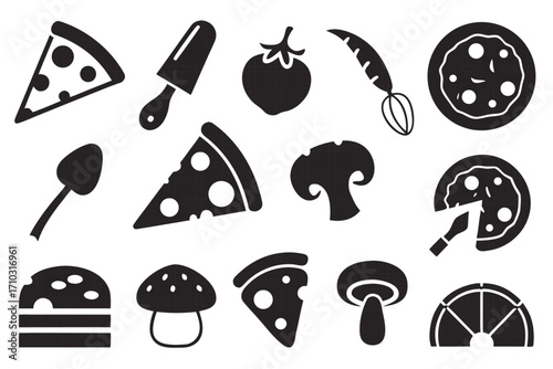 Collection of pizza icons featuring slices, ingredients, and cooking tools for creating delicious pizza designs