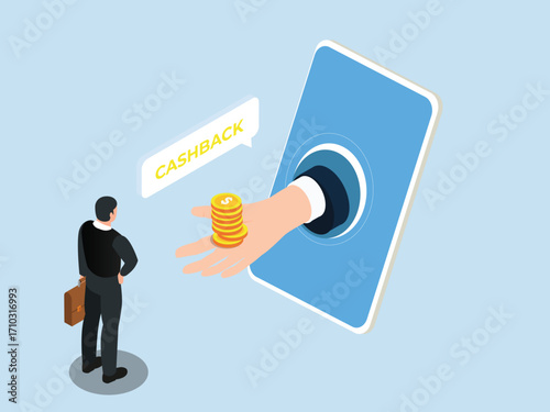 Man Receiving a Cashback from a Mobile Application 3d vector illustration