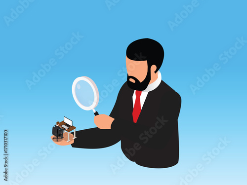 Giant Manager Inspecting Tiny Employee, Performance Review, Micromanagement, Detailed Examination of Work. 3d vector illustration