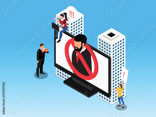 People Protesting Against a Businessman on a Large Screen, Public Criticism, Social Outrage, Cancel Culture. 3d vector illustration