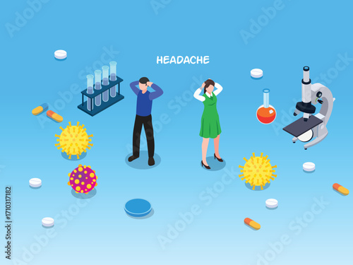People with Headache Suffer from Sickness Caused by Virus and Germs, Medical Research, Pain and Sickness Treatment. 3d vector illustration