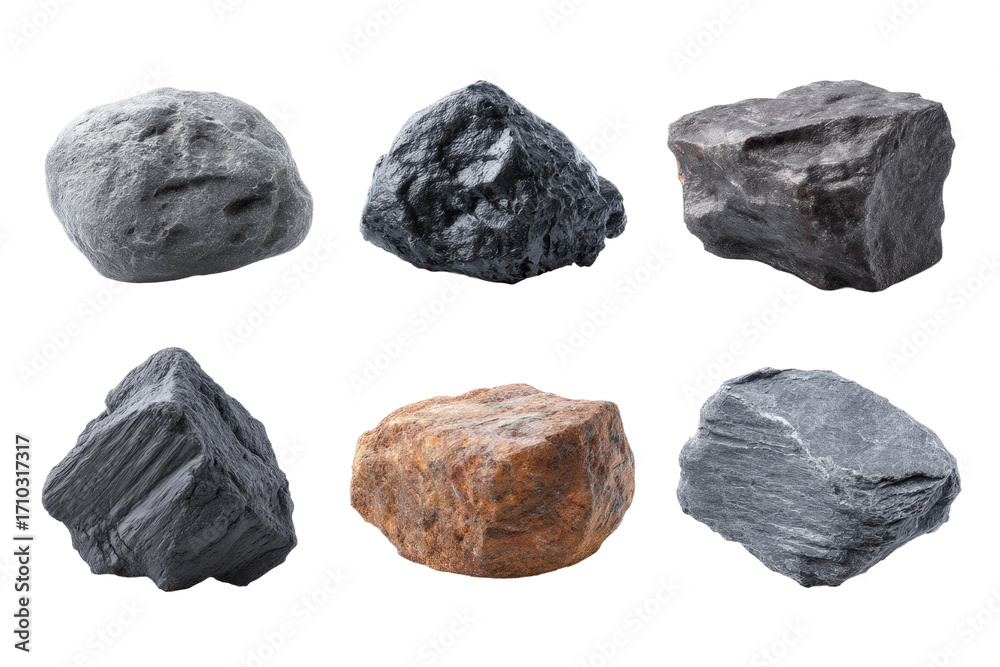 Obraz premium Collection of various stones and rocks on black background, cut out