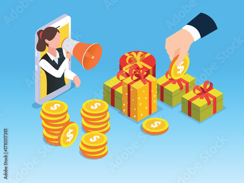 Megaphone Announcing a Reward for a Customer, Online Marketing and E-Commerce, Promotion and Loyalty Program. 3d vector illustration
