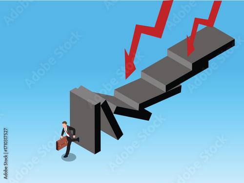 Businessman Running Away from a Collapsing Staircase, Financial Crisis, Business Failure, and Economic Recession. 3d vector illustration