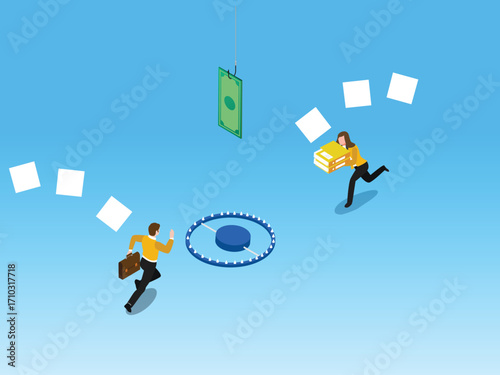 Business People Chasing Money and Documents Towards a Trap, Financial Risk, Fraud and Scam. 3d vector illustration