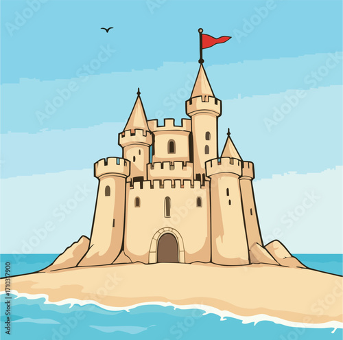 Majestic Sandcastle on Island Vector – Cartoon Beach Illustration with Red Flag and Ocean View
