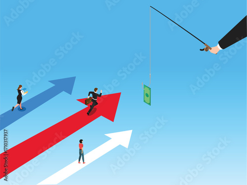Business People Following Arrows to Get Money Hanging from a Fishing Rod, Financial Temptation, Competition, and Business Strategy. 3d vector illustration