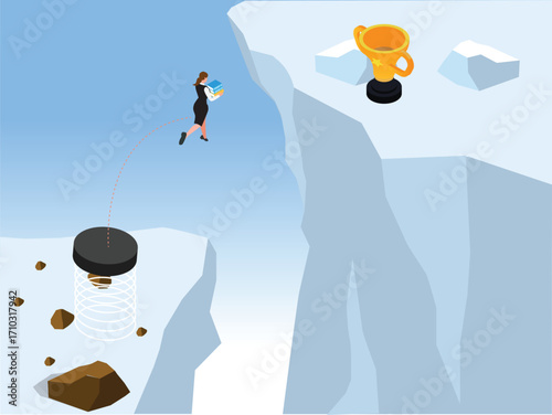 Businesswoman Jumping with a Springboard to Get a Trophy on a Cliff, Career Challenge, Success, and Financial Achievement. 3d vector illustration
