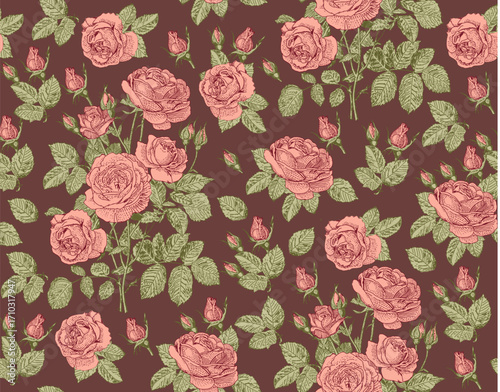 Seamless pattern. Beautiful pink blooming realistic isolated flowers. Vintage background. Set Roses  wildflowers. Wallpaper. Drawing engraving. Vector victorian Illustration