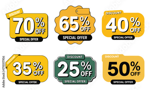 Special offer discount badge set with bold yellow label for 70 65 50 40 35 and 25 percent off promotion, vector