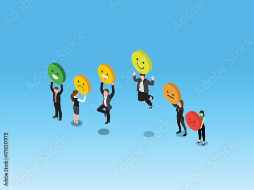 People Showing Different Emotional Faces, Expressing Satisfaction, Disappointment, and Happiness, Customer Feedback. 3d vector illustration