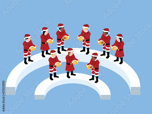 Group of Diverse People Dressed as Santa Claus Singing Christmas Carols, Holiday Celebration, Teamwork and Joy. 3d vector illustration